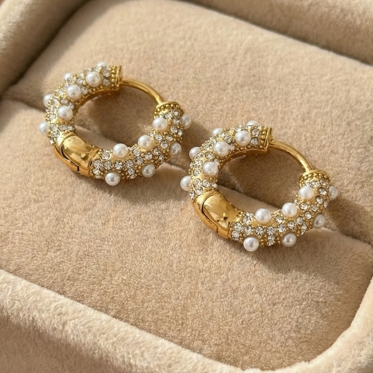 Gold hoop earrings with pearls on a beige jewelry box.